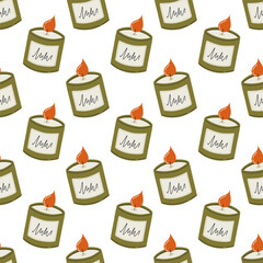 Seamless pattern with decorative scented candle for relaxation. Burning candle in elegant modern glass candlestick. Hygge, concept of Scandinavian lifestyle. Vector illustration.
