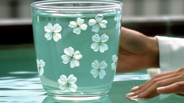 a close up of a person's hand touching a glass of water with flowers painted on the side of it.