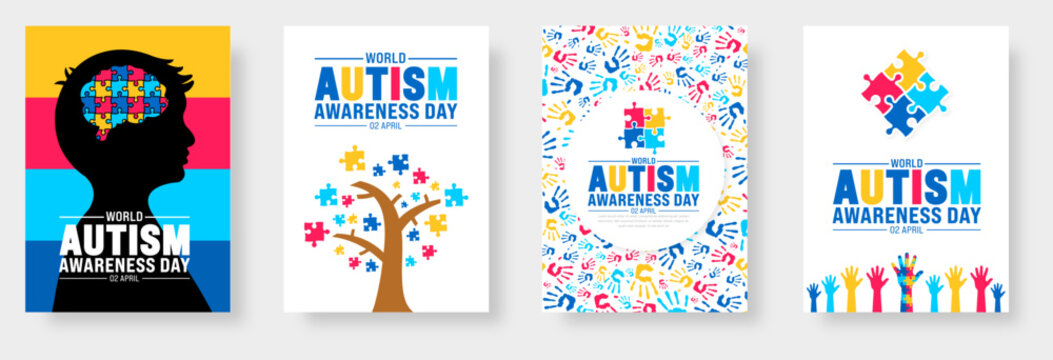 2 April world Autism Awareness Day book cover design set. Autism Awareness Day banner or background bundle with puzzle piece, kids raising hand, child hand, ribbon, love icon, child girl, boy vector.