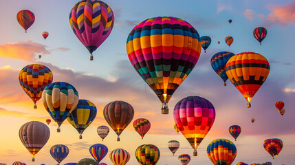 Obraz premium Hot air balloon flight at sunrise, colorful adventure in blue sky, travel and freedom