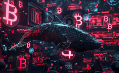 Whales and Waves in Crypto Trading in the Digital Abyss.  - obrazy, fototapety, plakaty