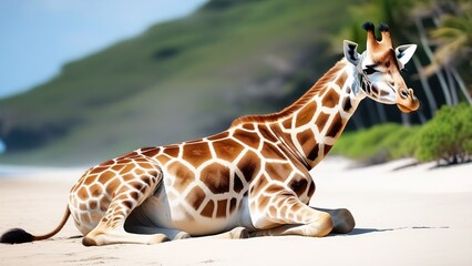 A tired giraffe lies on the sand in the savanna