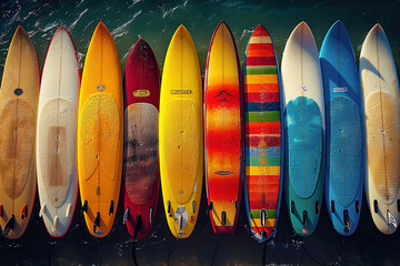Many colorful surfboards arranged on the beach. Surf background pattern.
