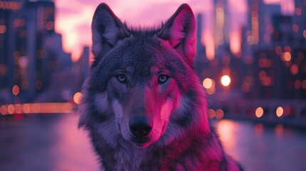 Lone wolf in neon city lights
