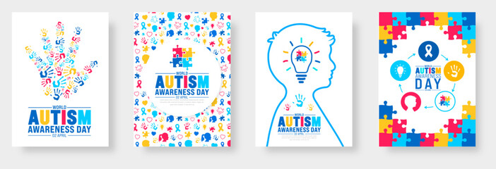 2 April world Autism Awareness Day book cover design set. Autism Awareness Day banner or background bundle with puzzle piece, kids raising hand, child hand, ribbon, love icon, child girl, boy vector. - obrazy, fototapety, plakaty