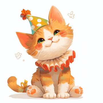 Vintage watercolor illustration of a happy cat dressed as a jester. Festive concept with copy space. Image of clown kitten for April Fools Day or Birthday event and greeting card. 
