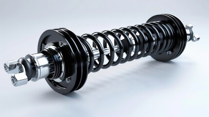 A shock absorber strut with coil spring, representing key components of a car's suspension system - obrazy, fototapety, plakaty