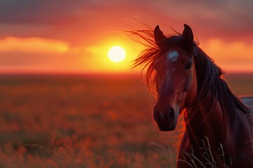 Fiery Sunset and Silhouette of a Wild Mustang - obrazy, fototapety, plakaty
