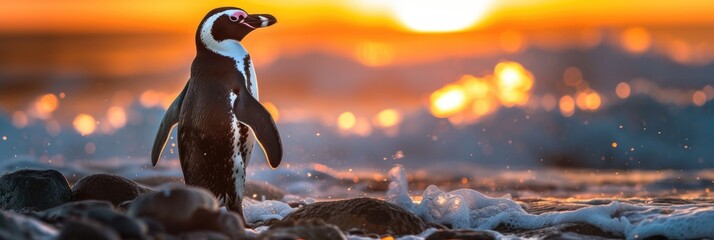 Solitary Penguin at Dusk, Golden Ocean Horizon - Powered by Adobe