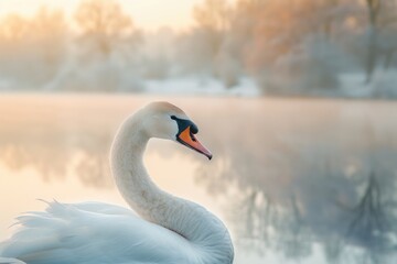 Fototapeta premium Serene Swan in Misty Waters at dawn