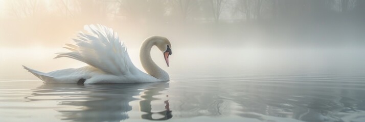 Graceful silhouette of a swan, peaceful morning fog