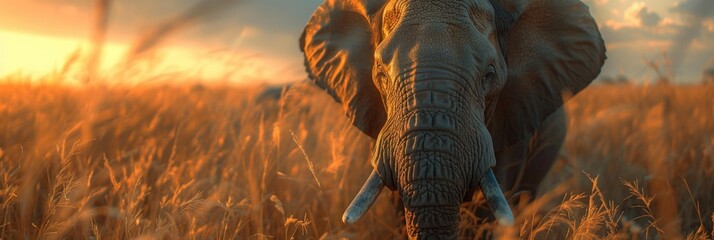 Majestic Elephant at Sunset on the African Plains - obrazy, fototapety, plakaty