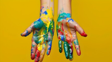 Colorful painted hands extended against a vibrant yellow background. creativity and art concept image. vivid and playful. AI