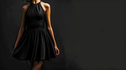 Elegant woman in black dress on dark background