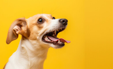 Surprised shocked dog with open mouth and big eyes isolated on flat solid background
