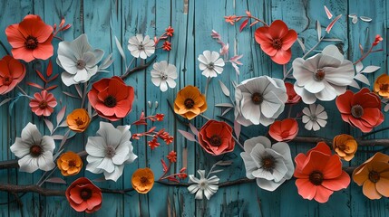 Vibrant paper flowers adorning a rustic blue wooden background, perfect for spring decor or craft inspiration. artistic DIY floral display. AI