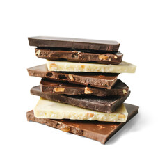 different pieces of bars of various chocolate flavors such as milk chocolate and pure, white and...