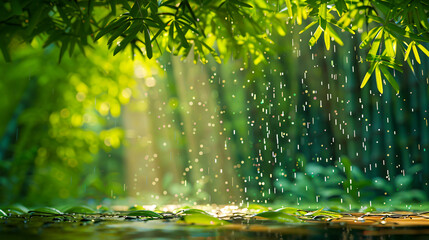 Fototapeta na wymiar Springtime Freshness, Rain Drops on Green Plants, Vibrant Nature