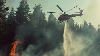 helicopter extinguishes dangerous wildfire fighting bushfire dry woods burning trees firefighting natural disaster concept intense orange flames - 764295109