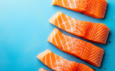 Raw salmon fillets on a blue background - obrazy, fototapety, plakaty