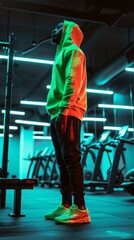 Obraz premium A man in a neon hoodie standing in a gym