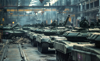 Armored Assembly: Military Tanks in Production - obrazy, fototapety, plakaty