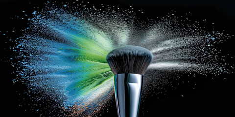 A makeup brush coated with vibrant colored powder, creating a striking visual effect against a neutral background. - obrazy, fototapety, plakaty