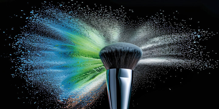 A makeup brush coated with vibrant colored powder, creating a striking visual effect against a neutral background.