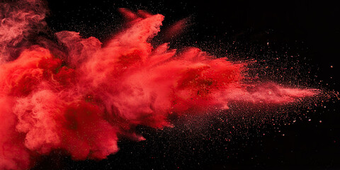 Red and pink powder burst into the air, creating a colorful explosion of splashes and abstract shapes. - 764295721