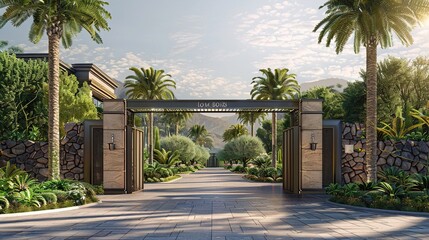 A sophisticated gate design for a modern villa showcasing sleek lines, automated features, and a seamless integration with the surrounding landscape for a harmonious and luxurious entrance.