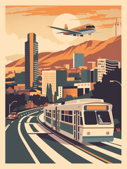 American southern city poster with skyscrapers and transport, vertical frame - 764295781