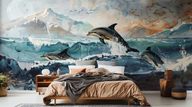 Cozy bedroom with dolphins wall mural