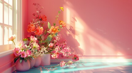 A pink room with flowers in vases on the floor