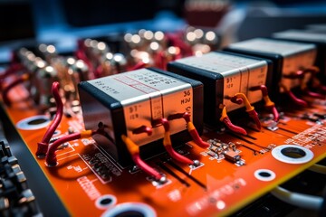 An In-Depth Look at the Intricate Details of an Electric Relay in a Manufacturing Plant's Control Panel - obrazy, fototapety, plakaty