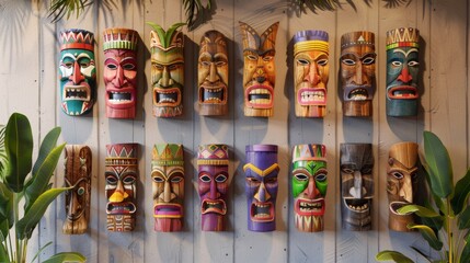 A bunch of wooden masks hanging on a wall - obrazy, fototapety, plakaty