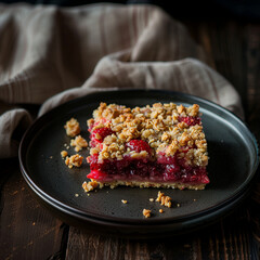 strawberry crumble cake on a plate on a wooden table with a napkin - 764296108