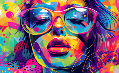 A colorful, psychedelic portrait of a woman wearing large glasses, rendered in a vivid, abstract style.