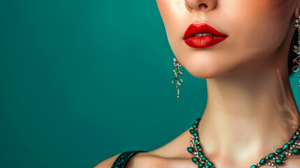 Glamorous red lips and elegant jewelry on teal background
