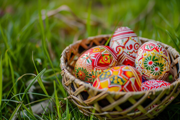A basket with traditional painted eggs for Orthodox Easter - obrazy, fototapety, plakaty