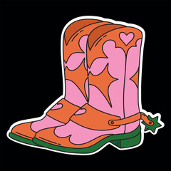 Cowgirl pink, orange and green color boot sticker on a black background. Cowboy girl wears fashion boots. Cowboy western theme, wild west, texas, country. Hand drawn cartoon trendy vector illustration