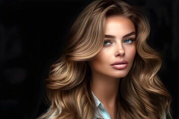 Fototapeta premium Woman With Balayage Hair On Black Background. Concept Hair Photography, Balayage Hair, Black Background, Women's Hairstyles, Studio Photoshoot