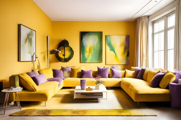 Interior of a modern living room with yellow and purple sofas