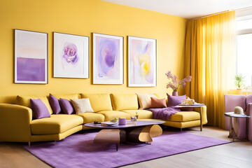 interior of modern bright living room with yellow sofa and pictures on wall