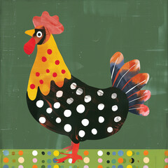 Funny card for birthday. Portrait of rooster on bright green background - 764296578