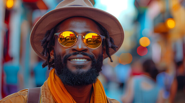 Urban Vibes: Fashionable Man with Sunglasses and Fedora Enjoying the City Life