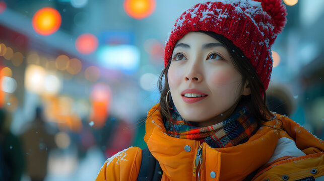 Winter Joy: Portrait of a Young Woman Adorned with Snowflakes, Wearing a Red Beanie and a Warm Orange Jacket Against a Festive Blurred Background