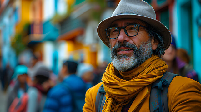 Colorful Streets and Joyful Journeys: Smiling Senior Man with Stylish Hat and Scarf in a Lively Urban Setting