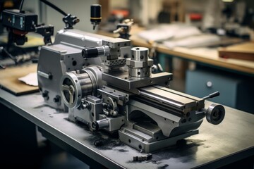 Fototapeta na wymiar In-depth look at a precision milling vise in a factory environment displaying its solid structure and detailed engineering