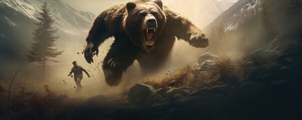 Man running from a bear in a forest - obrazy, fototapety, plakaty