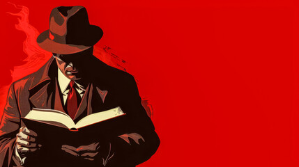 Mysterious detective reading in red shadows - obrazy, fototapety, plakaty